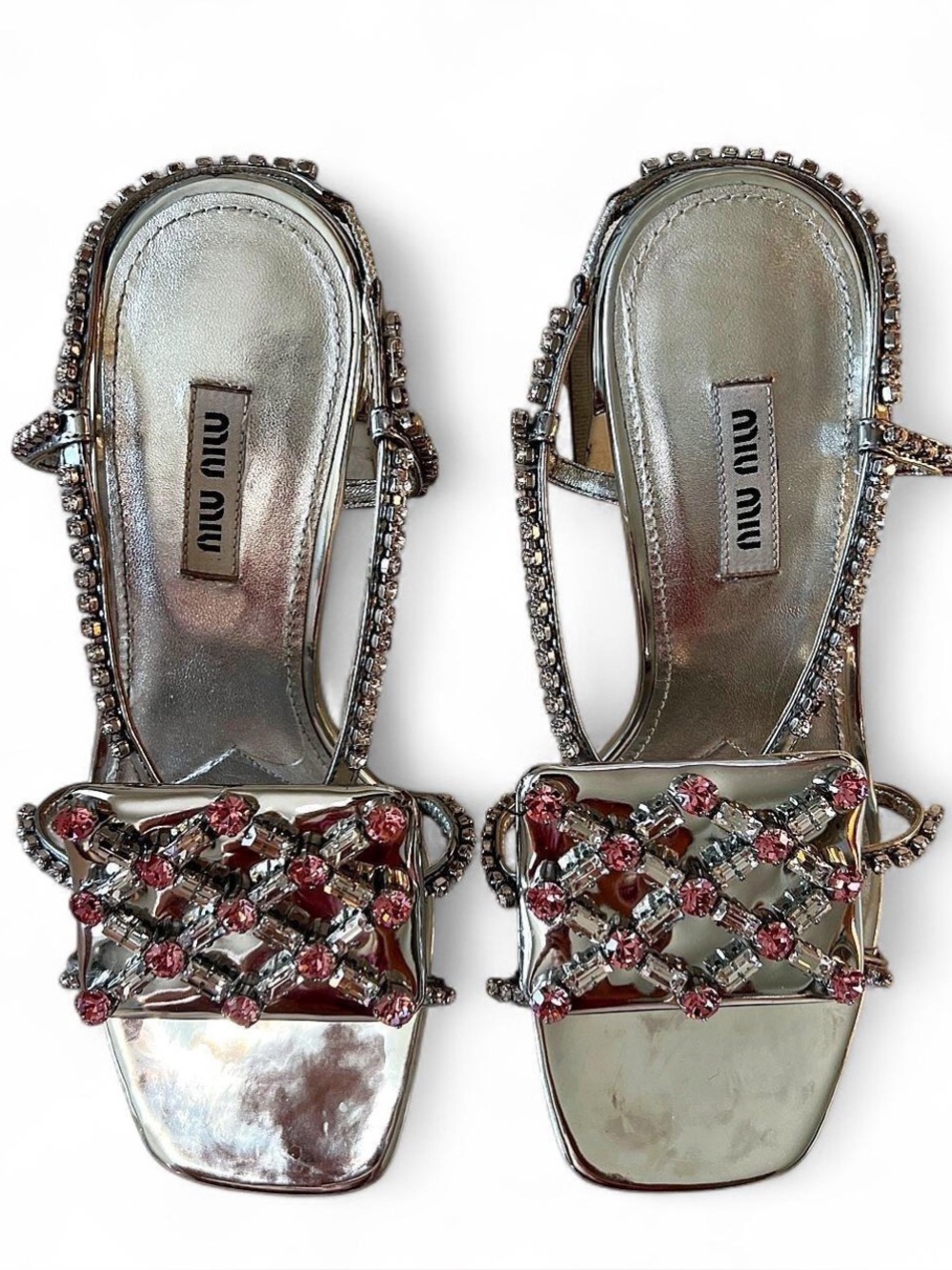 Miu Miu Metallic Silver Slingback Sandals with Pink Crystal Accents